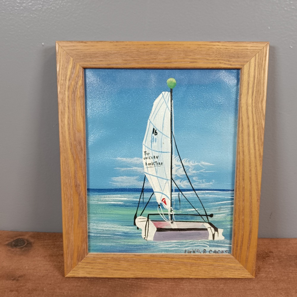 Turks and Caicos Catamaran Sailboat Original Painting Framed Nautical Art 10x12